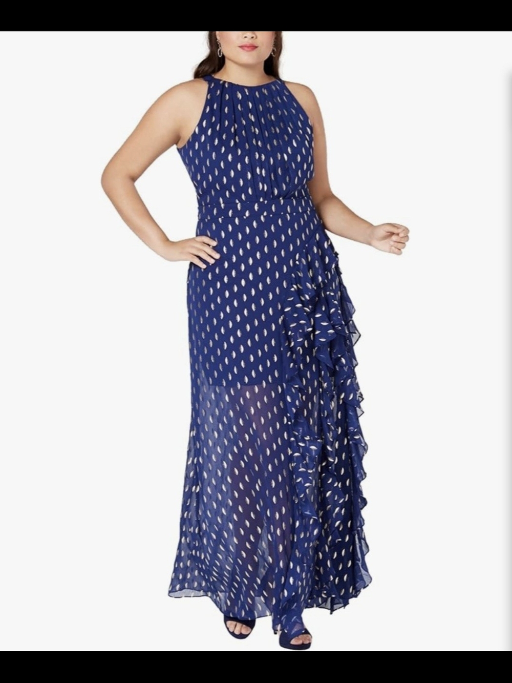 Betsy & Adam Navy Blue Printed Ruffle Halter Maxi Dress